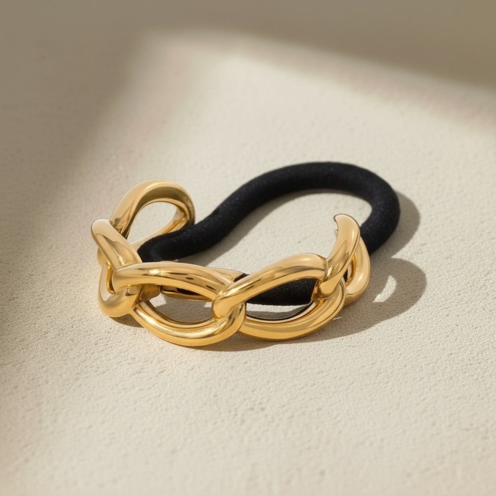 18K Gold Plated Stainless Steel Chunky Chain Hair Tie Cuff Ponytail Holder
